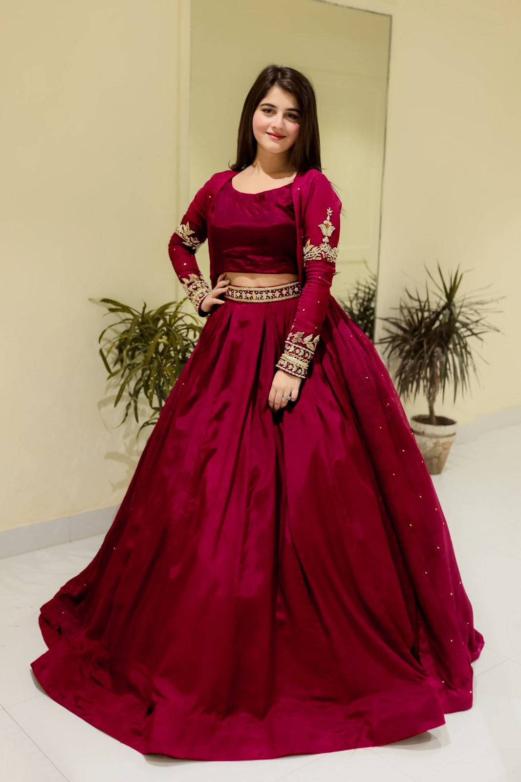 Embroidered With Front And Back Pearls Attached Gown And Embroidery Belt Attached Skirt With Top 3Pcs