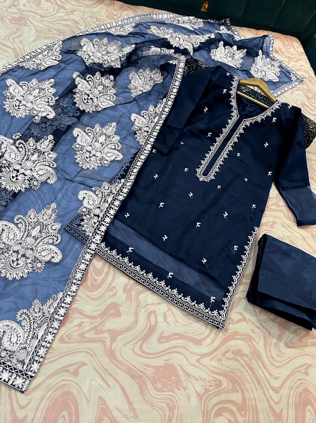 Heavy White Allover Embroidered Dupatta With Emb Shirt And Trouser 3Pcs