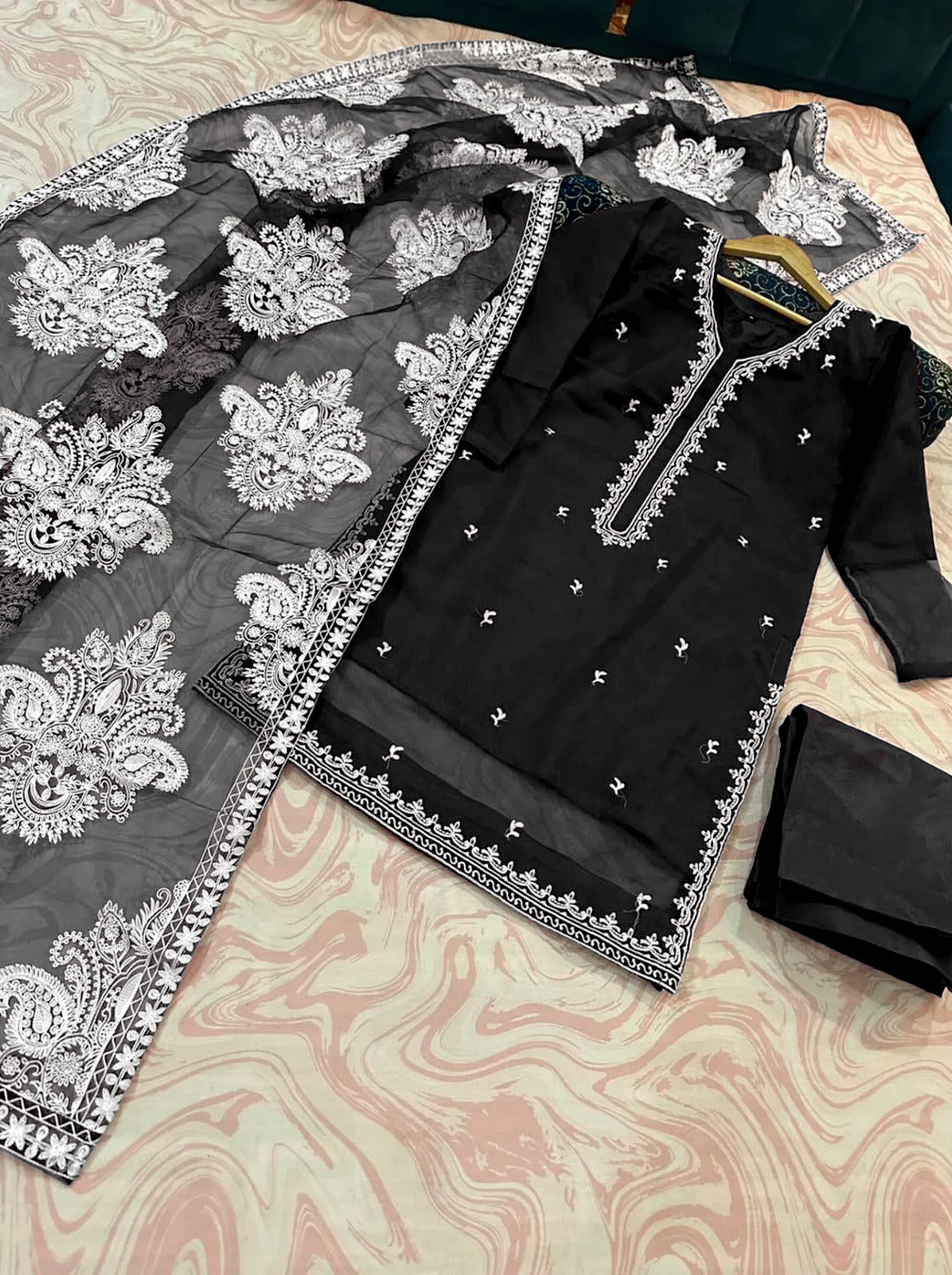 Heavy White Allover Embroidered Dupatta With Emb Shirt And Trouser 3Pcs