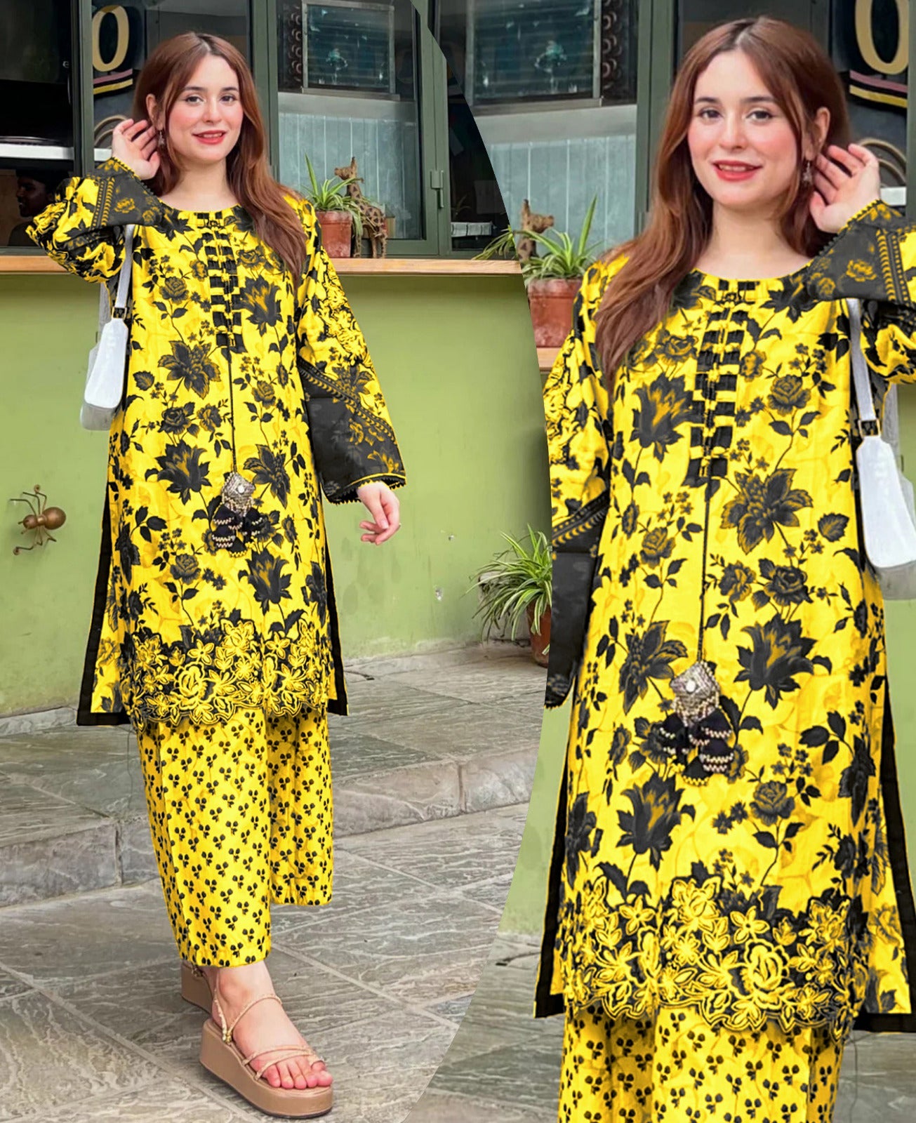 Digital Printed Handwork Shirt With Flapper Cord Set 3Pcs😍