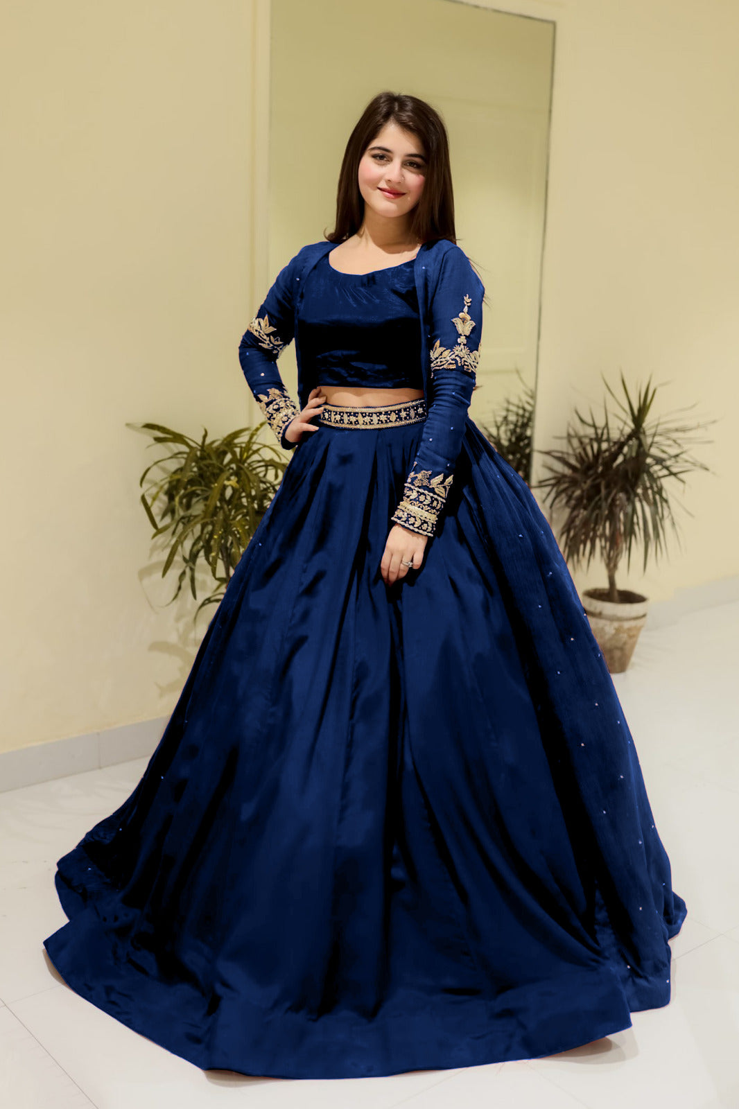 Embroidered With Front And Back Pearls Attached Gown And Embroidery Belt Attached Skirt With Top 3Pcs