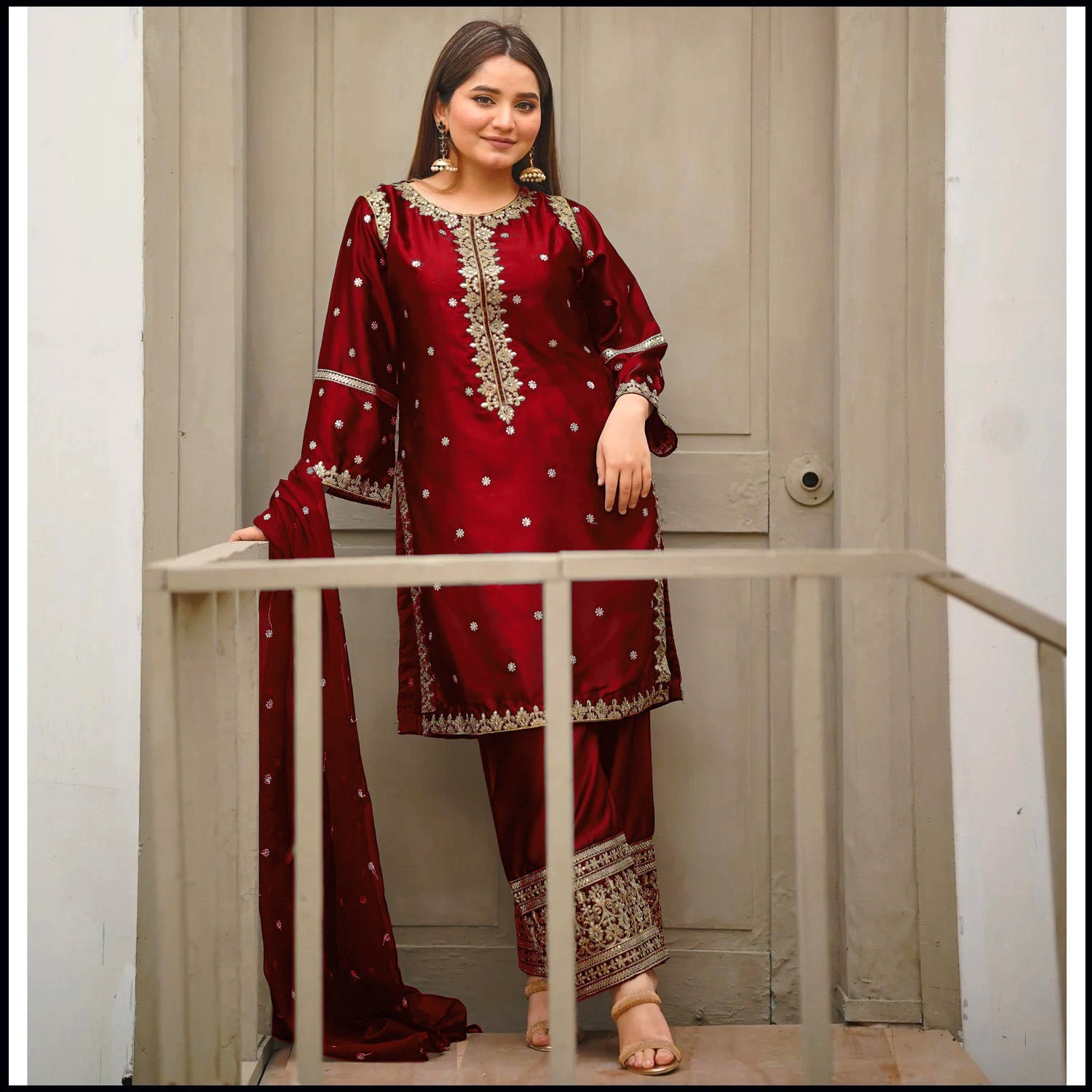 Neck,Sleeves Border Sequence Heavy Embroidery With Bottom Seq Emb Trouser 3Pcs