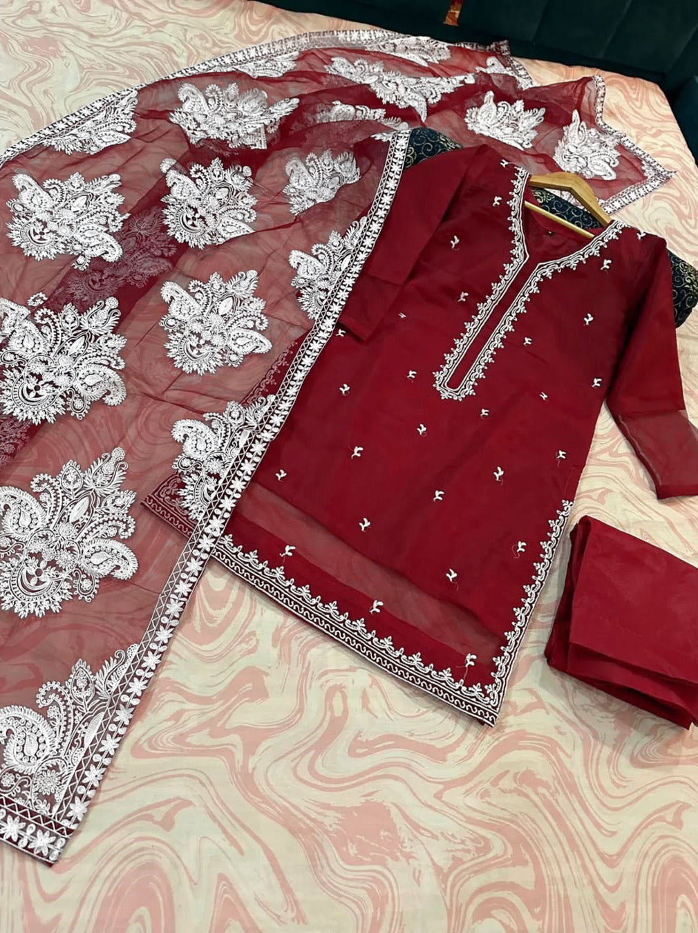 Heavy White Allover Embroidered Dupatta With Emb Shirt And Trouser 3Pcs