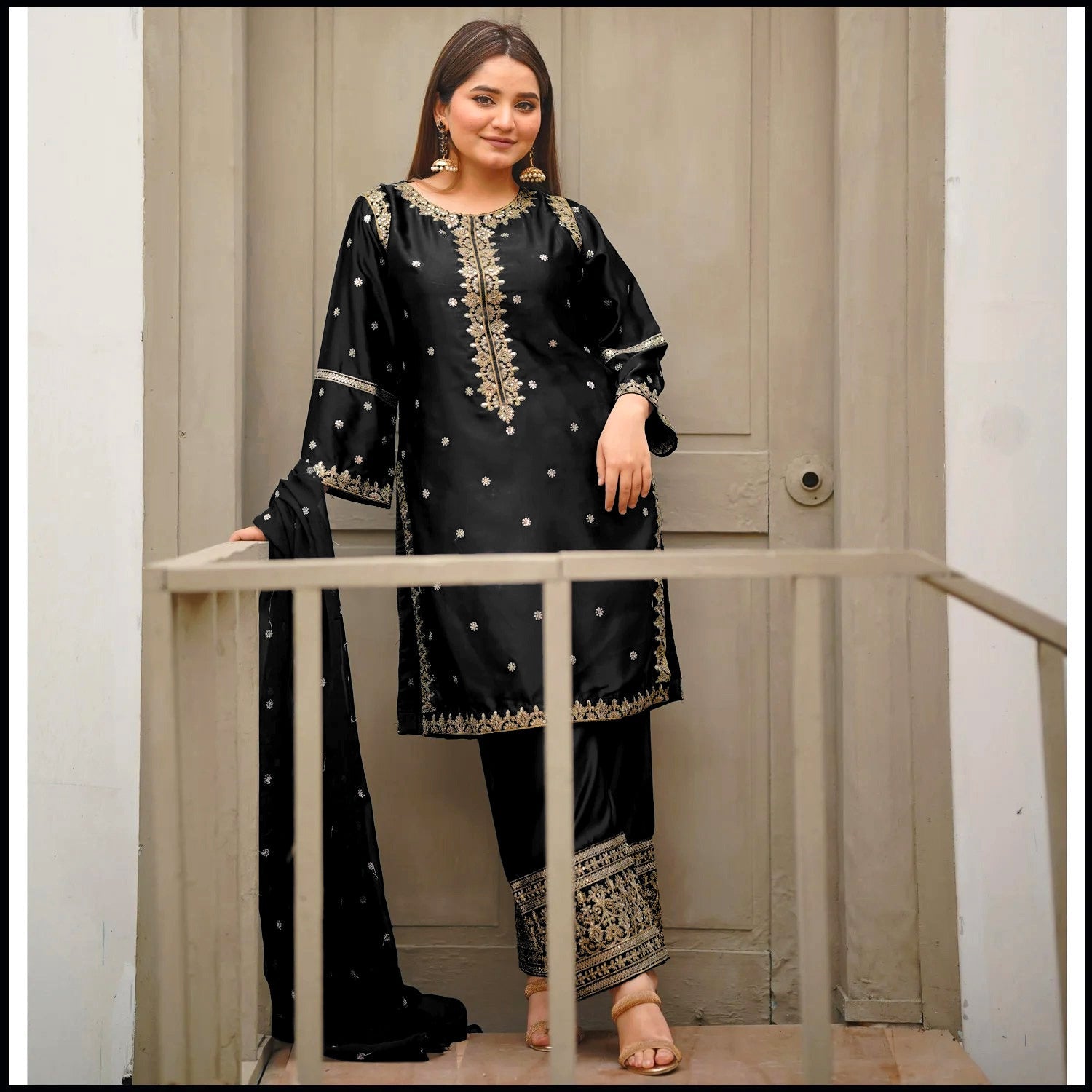 Neck,Sleeves Border Sequence Heavy Embroidery With Bottom Seq Emb Trouser 3Pcs