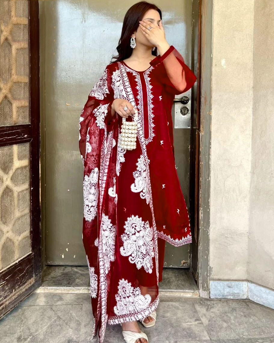 Heavy White Allover Embroidered Dupatta With Emb Shirt And Trouser 3Pcs
