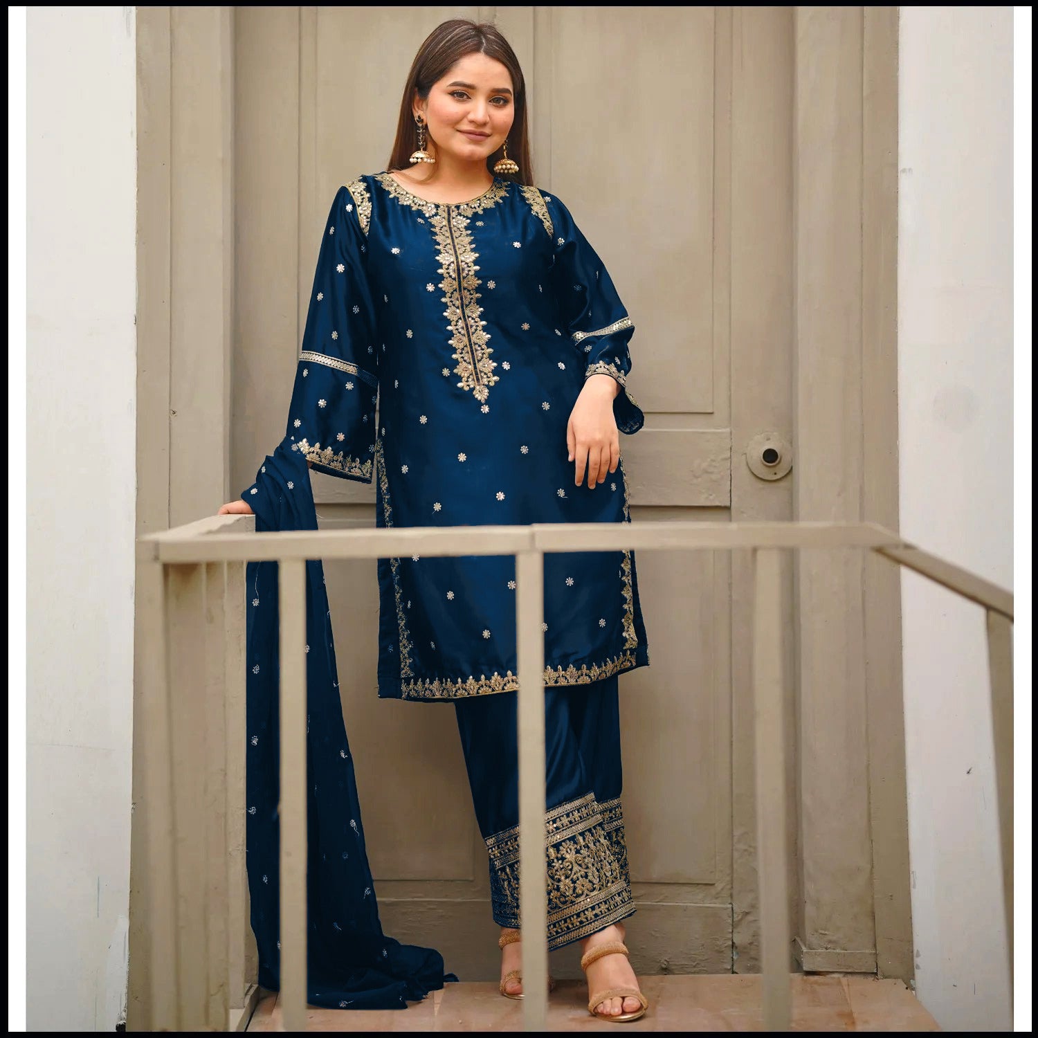 Neck,Sleeves Border Sequence Heavy Embroidery With Bottom Seq Emb Trouser 3Pcs