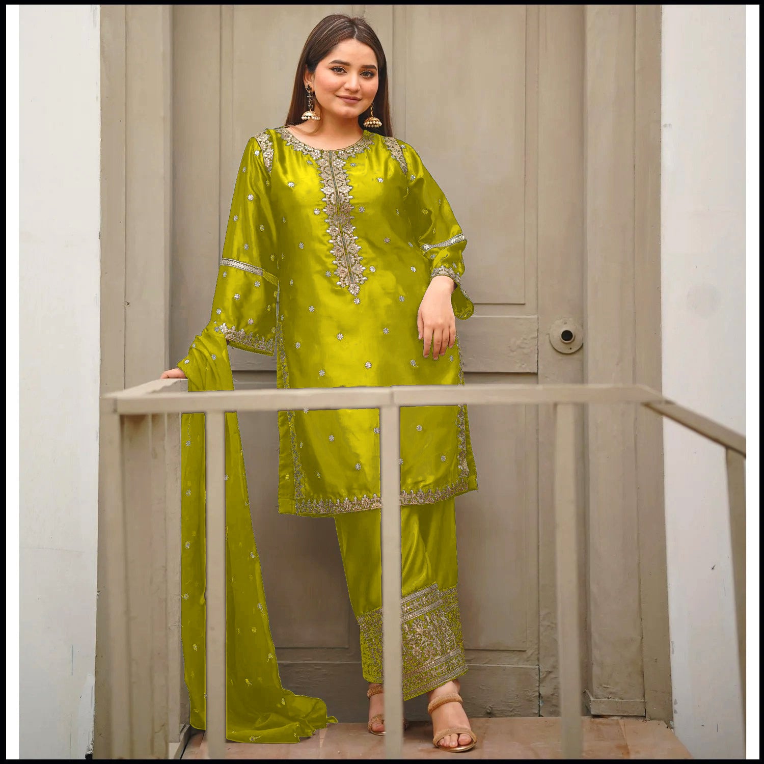 Neck,Sleeves Border Sequence Heavy Embroidery With Bottom Seq Emb Trouser 3Pcs