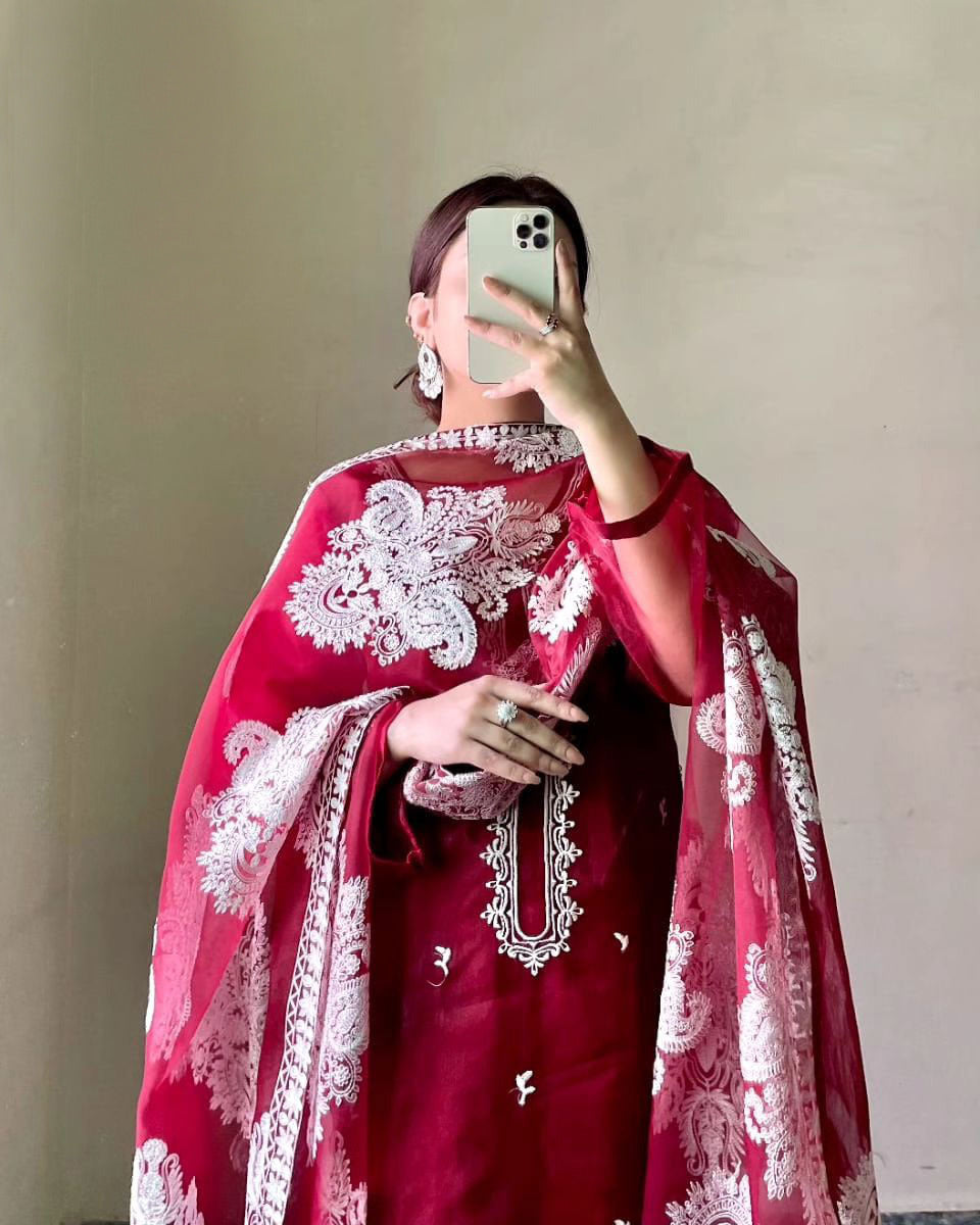 Heavy White Allover Embroidered Dupatta With Emb Shirt And Trouser 3Pcs