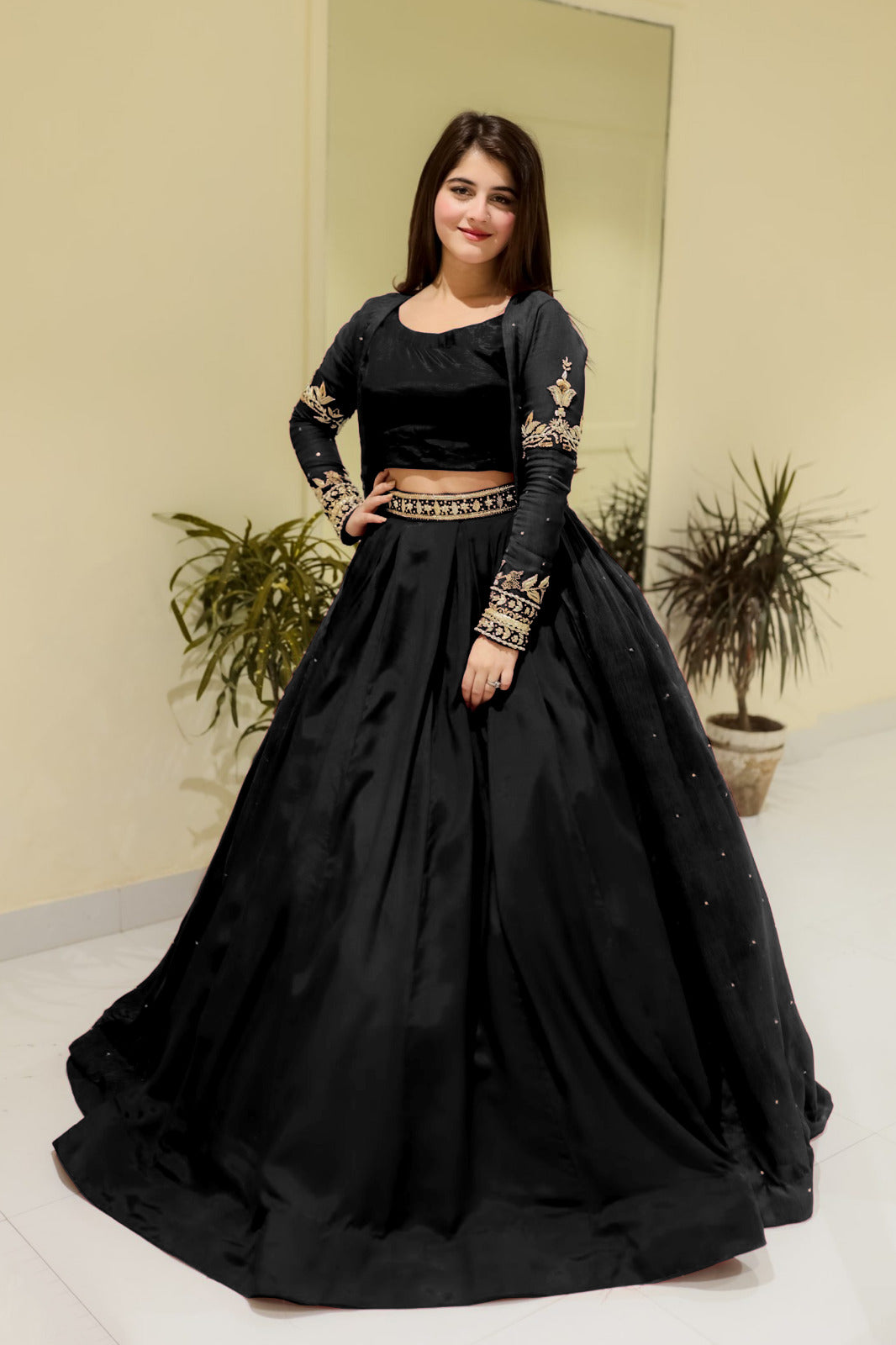 Embroidered With Front And Back Pearls Attached Gown And Embroidery Belt Attached Skirt With Top 3Pcs