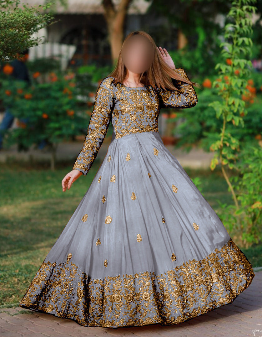 Front,Border Sleeves Embroidery With *Handwork Nug* Long Maxi