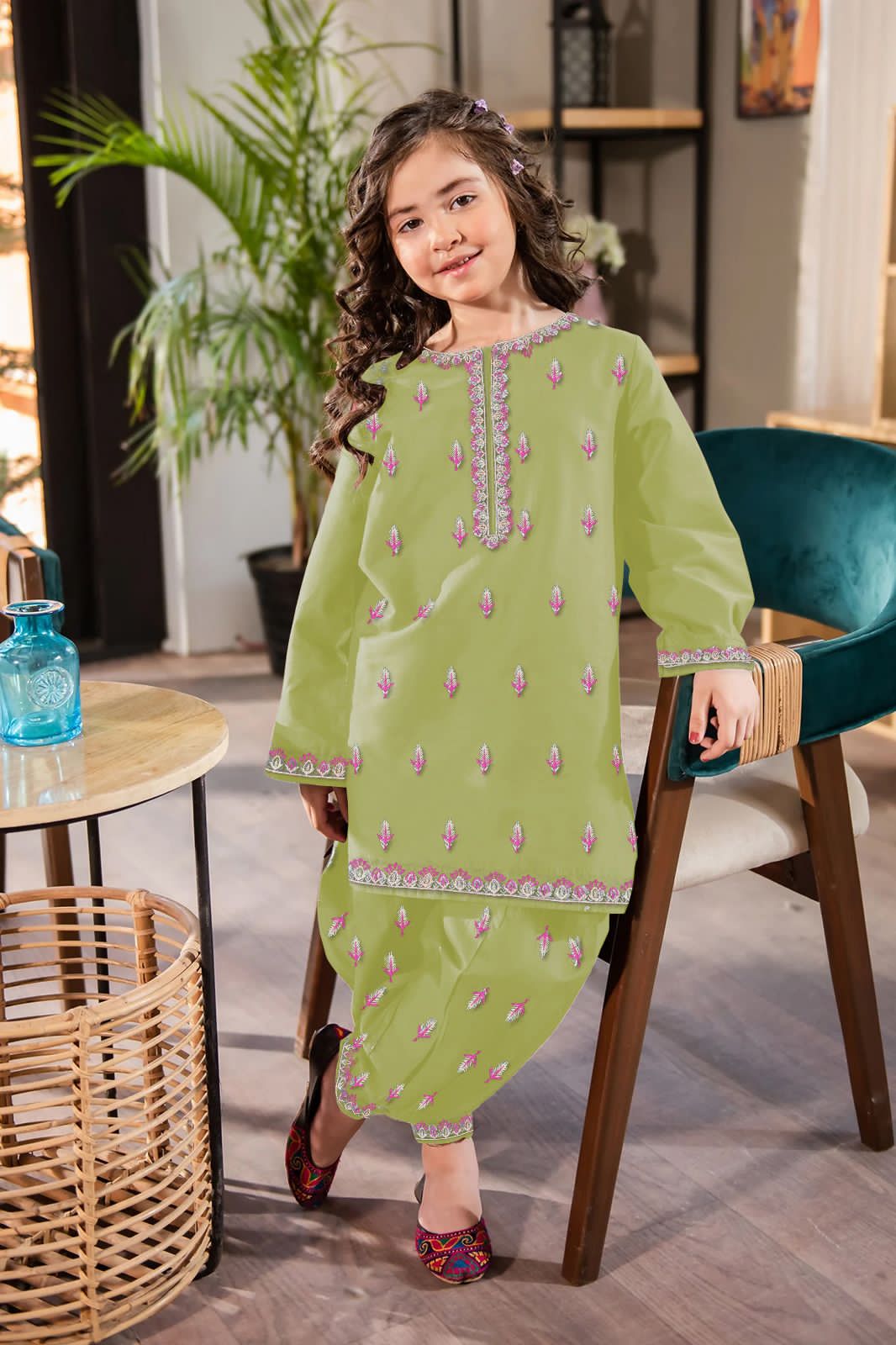 2Pcs Front Neck,Border Embroidered Shirt With Emb Trouser Kids 2Pcs