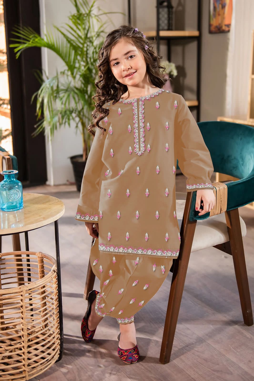 2Pcs Front Neck,Border Embroidered Shirt With Emb Trouser Kids 2Pcs