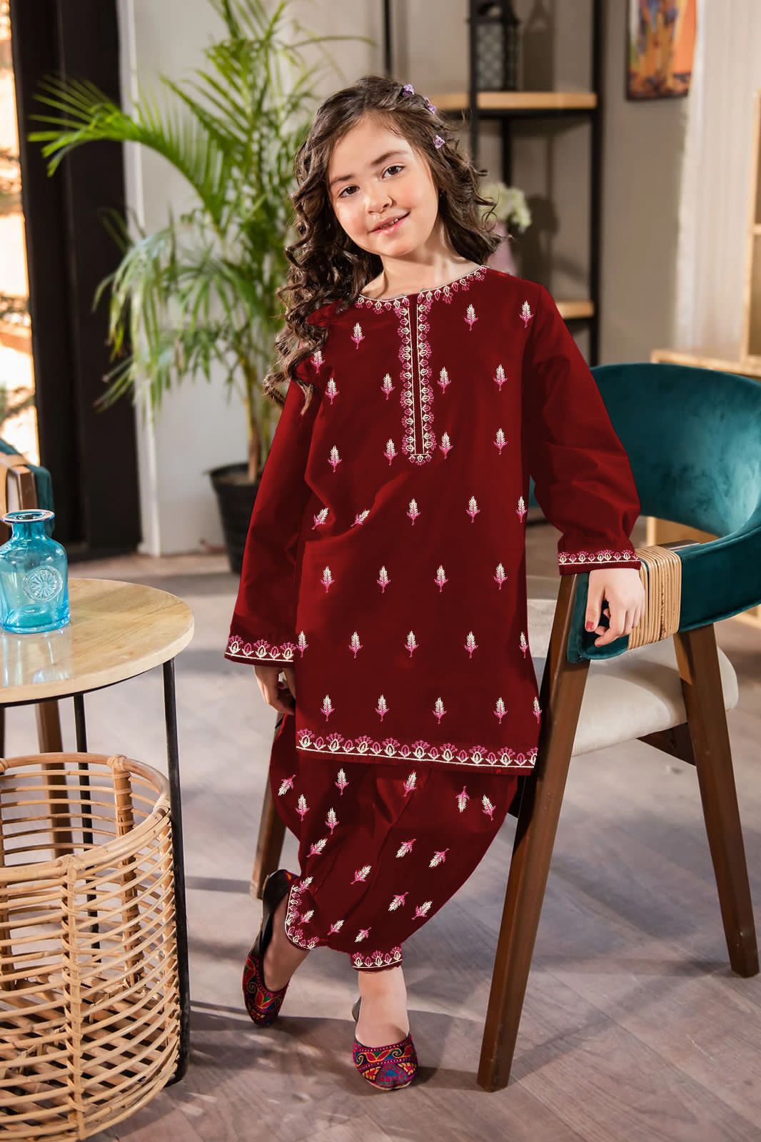 2Pcs Front Neck,Border Embroidered Shirt With Emb Trouser Kids 2Pcs