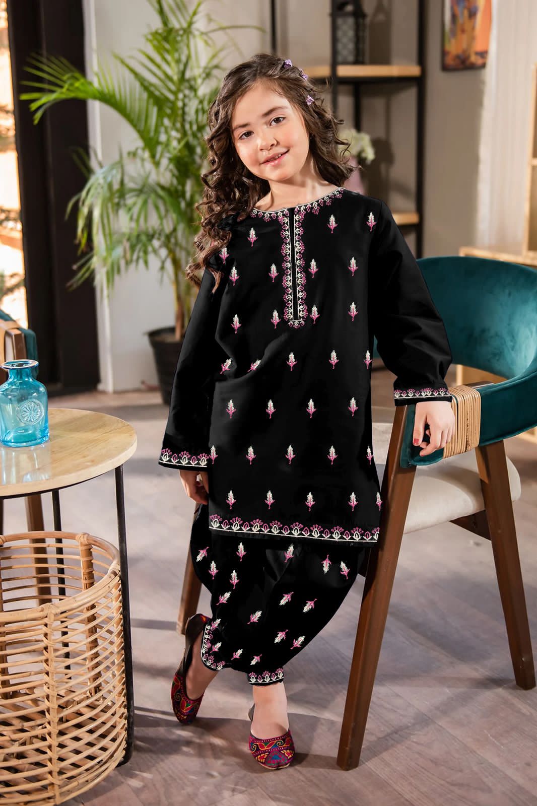 2Pcs Front Neck,Border Embroidered Shirt With Emb Trouser Kids 2Pcs