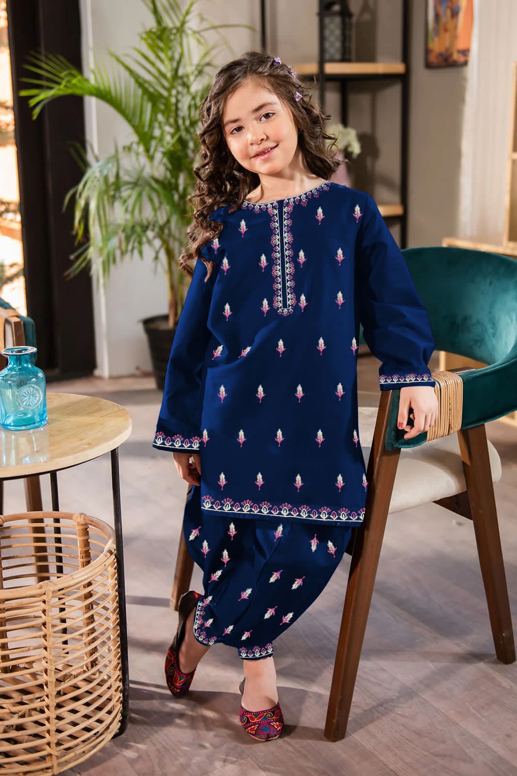 2Pcs Front Neck,Border Embroidered Shirt With Emb Trouser Kids 2Pcs