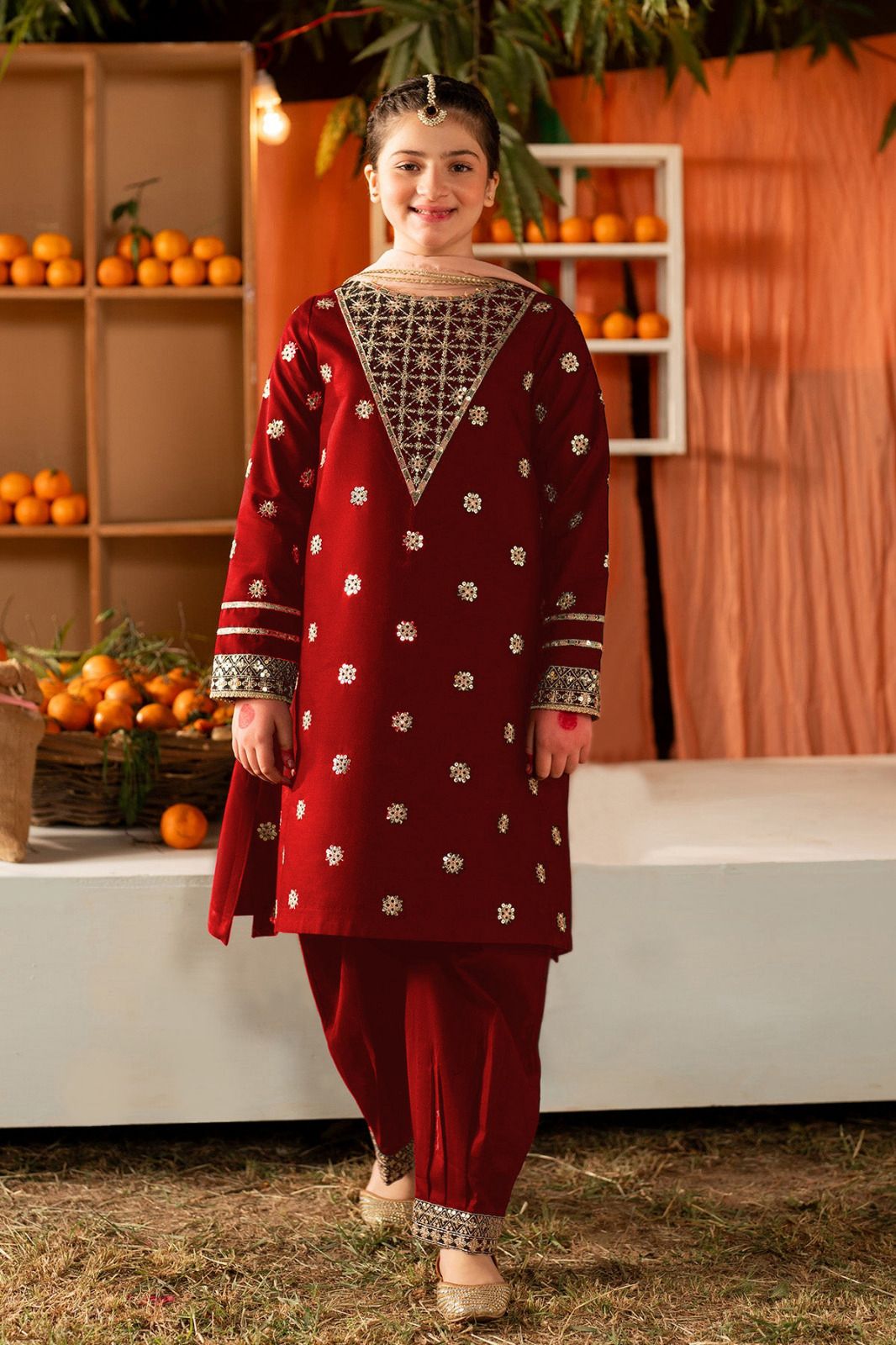 2Pcs Front Sequence Embroidered Shirt With Embroidered Trouser Kids 2Pcs