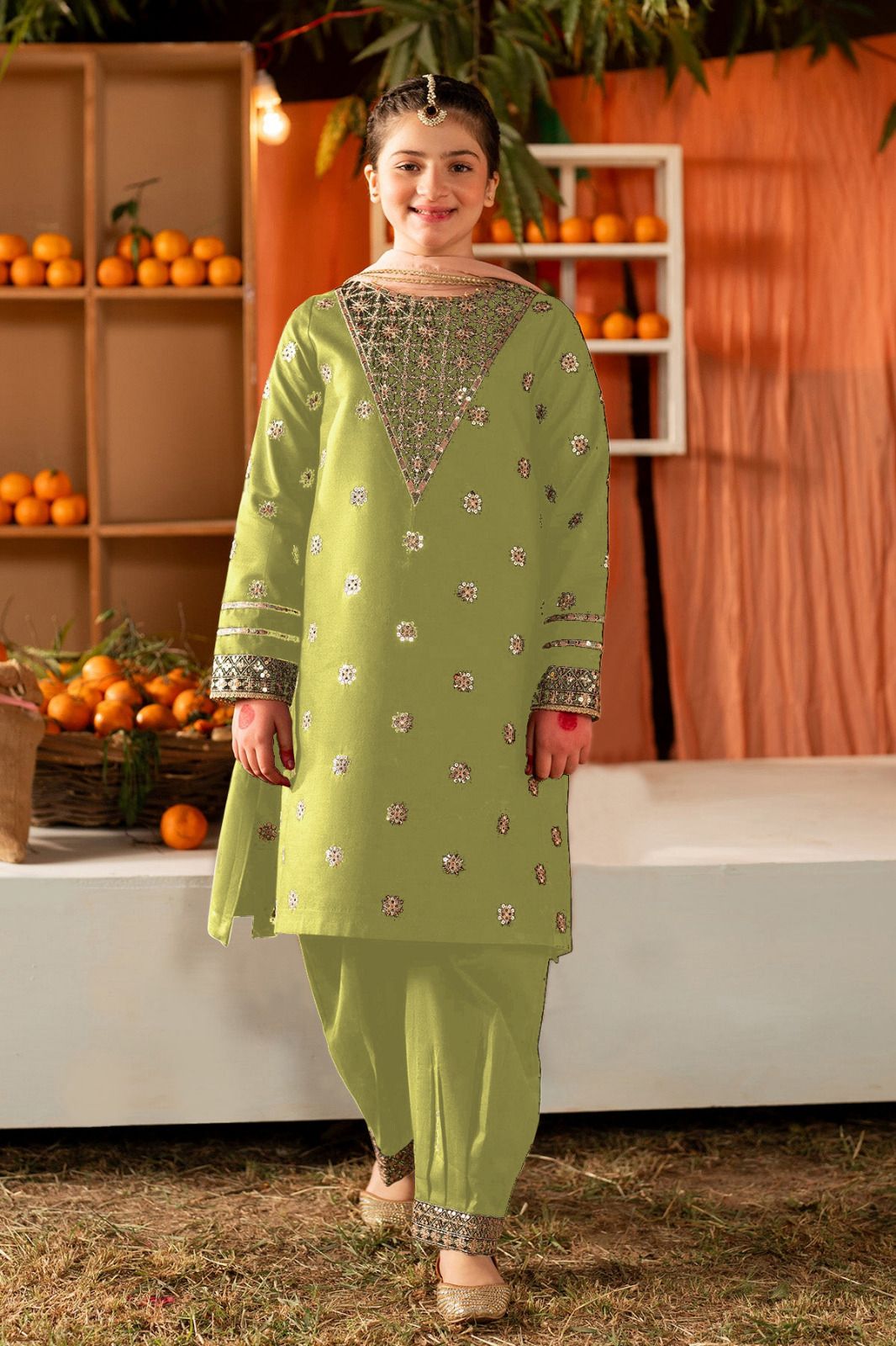 2Pcs Front Sequence Embroidered Shirt With Embroidered Trouser Kids 2Pcs