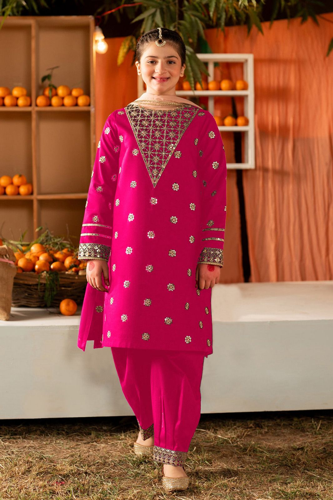 2Pcs Front Sequence Embroidered Shirt With Embroidered Trouser Kids 2Pcs