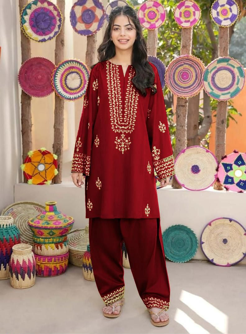 2Pcs Front Neckline, Sleeves Embroidered Shirt With Emb Trouser Kids 2Pcs
