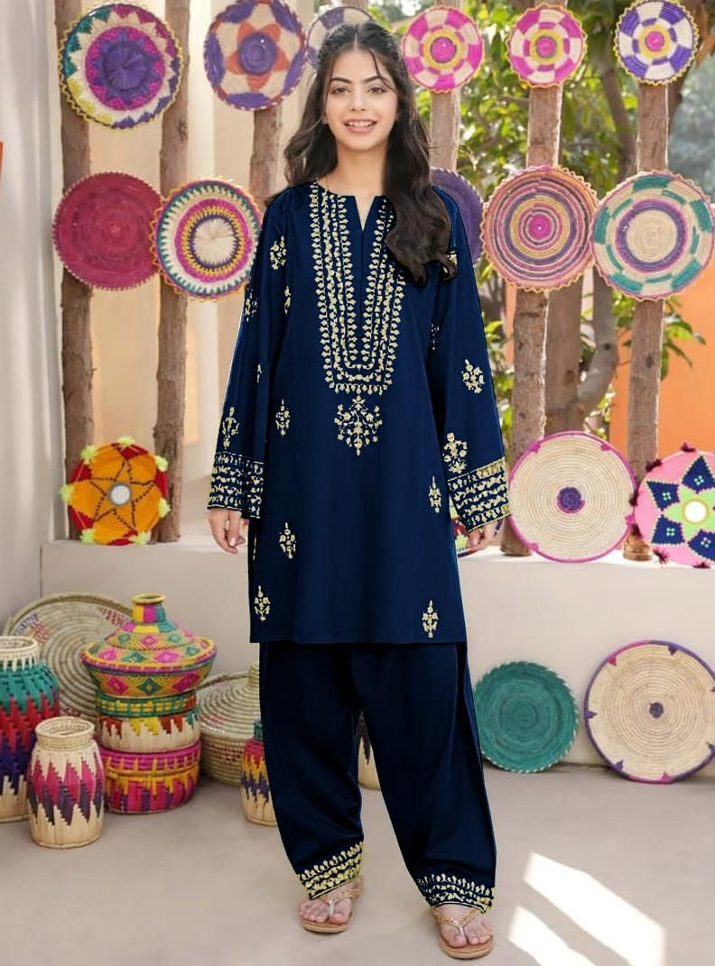 2Pcs Front Neckline, Sleeves Embroidered Shirt With Emb Trouser Kids 2Pcs