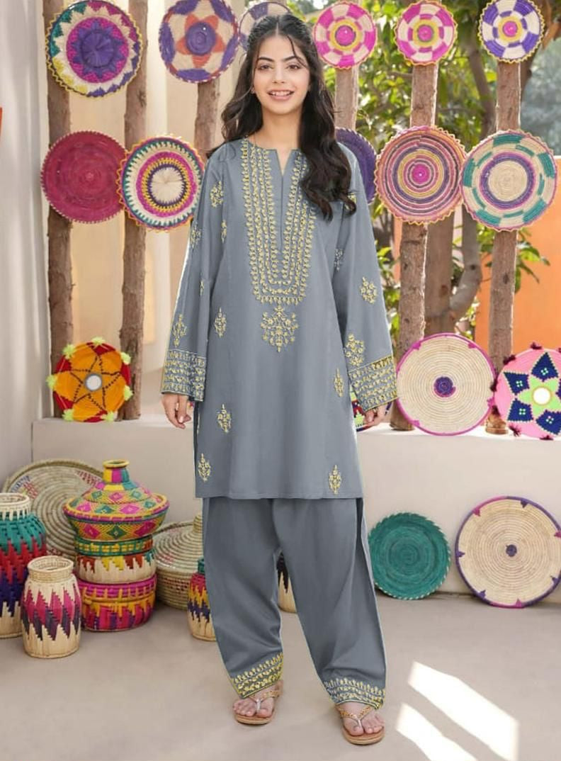 2Pcs Front Neckline, Sleeves Embroidered Shirt With Emb Trouser Kids 2Pcs