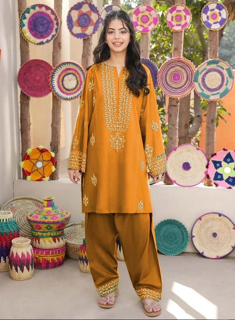 2Pcs Front Neckline, Sleeves Embroidered Shirt With Emb Trouser Kids 2Pcs