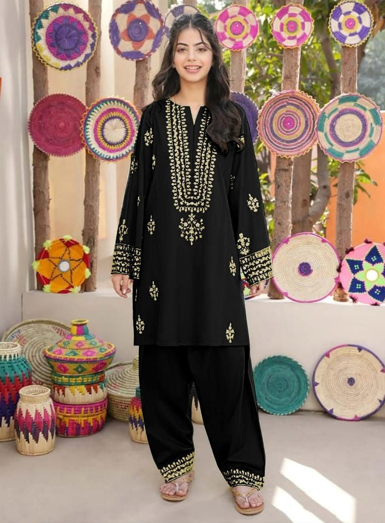 2Pcs Front Neckline, Sleeves Embroidered Shirt With Emb Trouser Kids 2Pcs