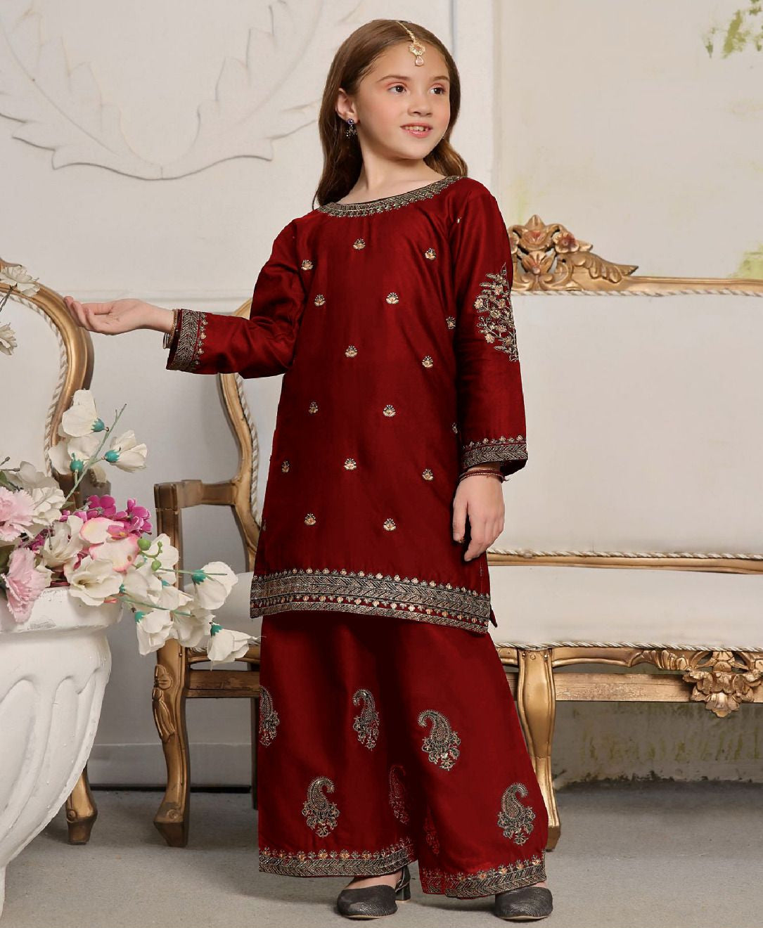 2Pcs Front Neck, Sleeves Border Embroidered Shirt With Emb Flapper Kids 2Pcs