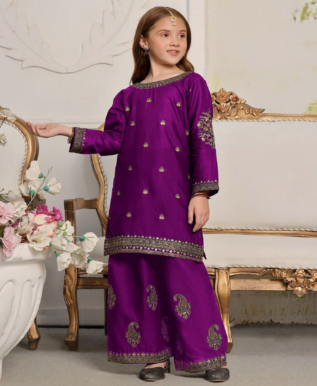2Pcs Front Neck, Sleeves Border Embroidered Shirt With Emb Flapper Kids 2Pcs