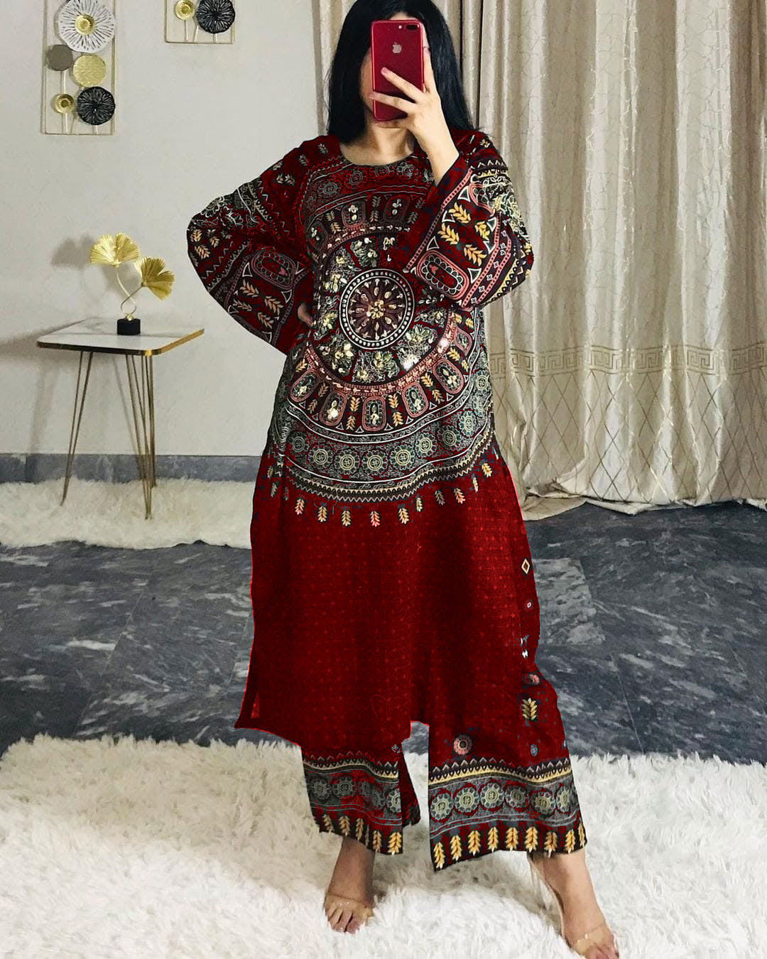 Front And Back Allover Digital Printed With Mirror Work Shirt And Printed Flapper 2Pcs