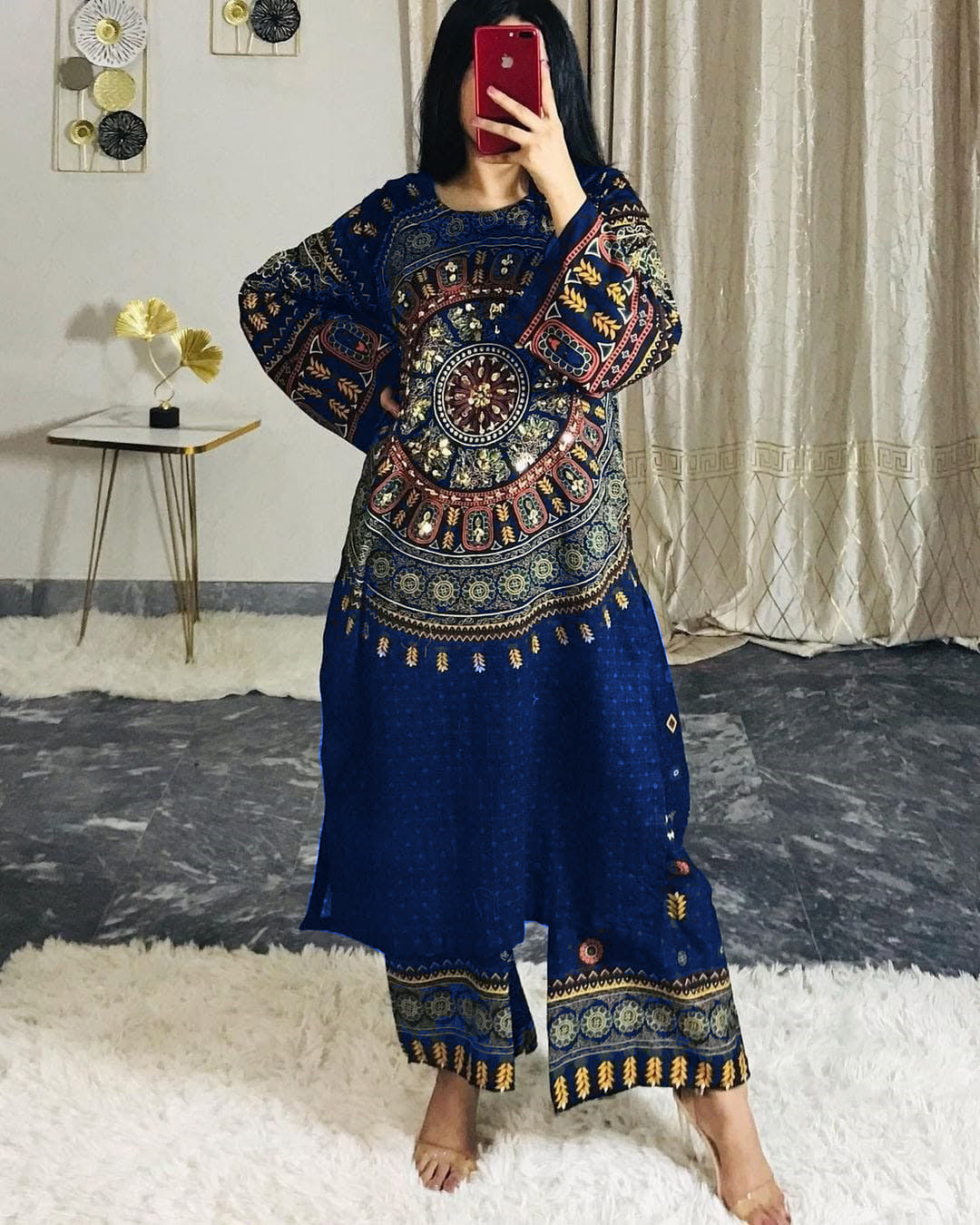 Front And Back Allover Digital Printed With Mirror Work Shirt And Printed Flapper 2Pcs