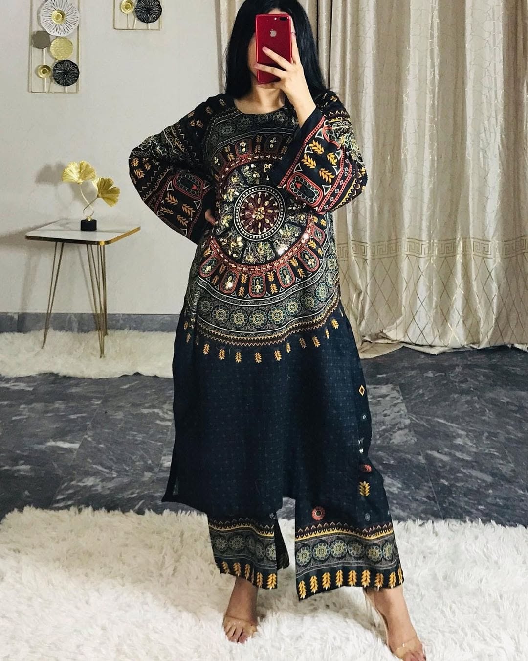 Front And Back Allover Digital Printed With Mirror Work Shirt And Printed Flapper 2Pcs