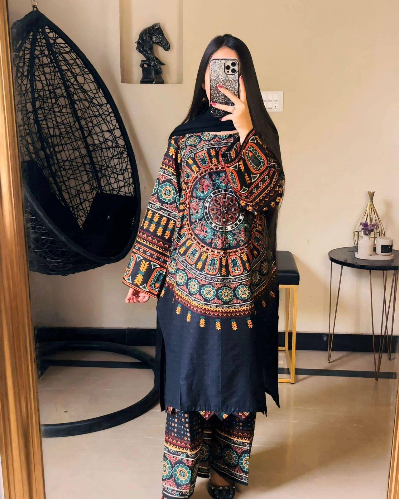 Front And Back Allover Digital Printed With Mirror Work Shirt And Printed Flapper 2Pcs