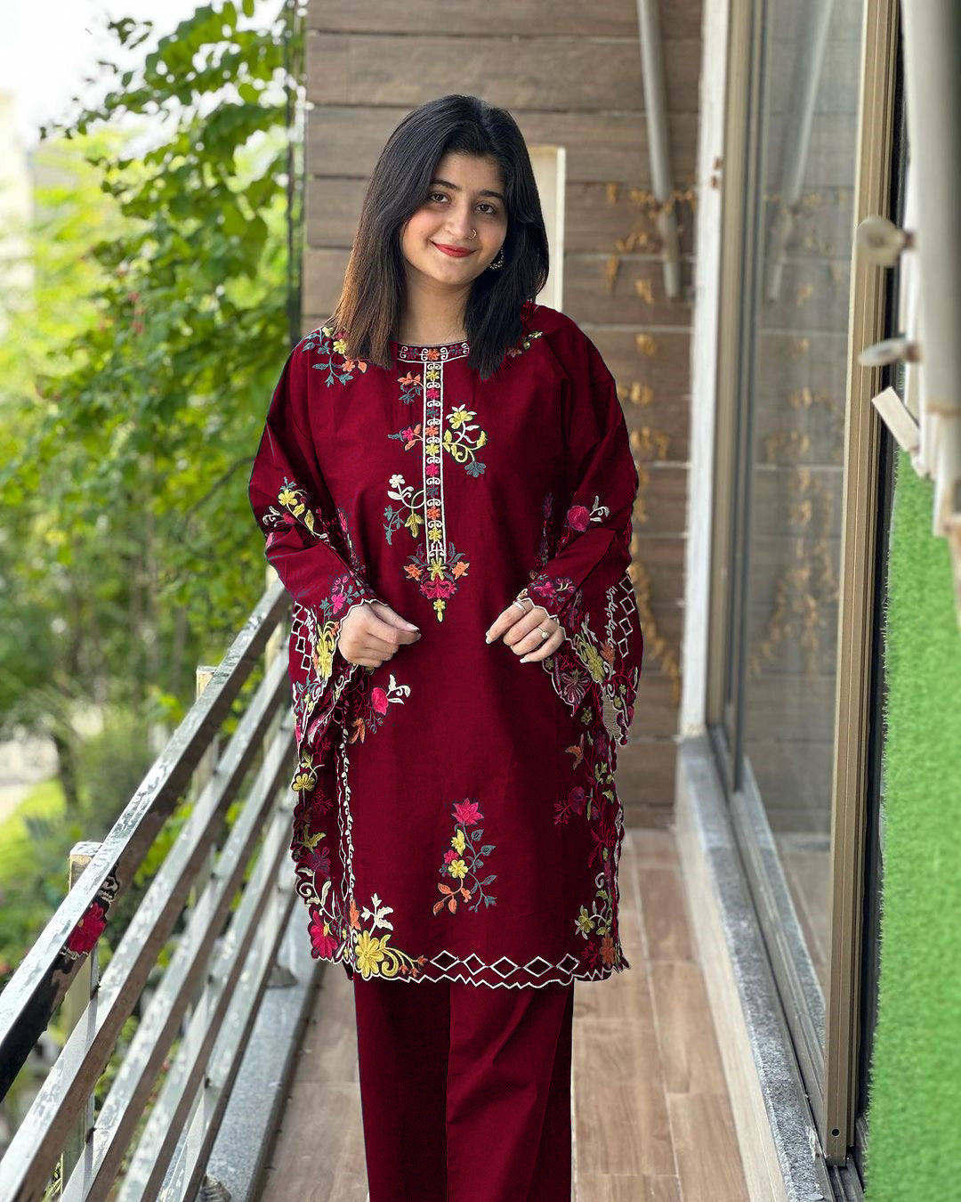 Multi Coloursful Long Sleeves Embroidery Shirt With Trouser 2Pcs