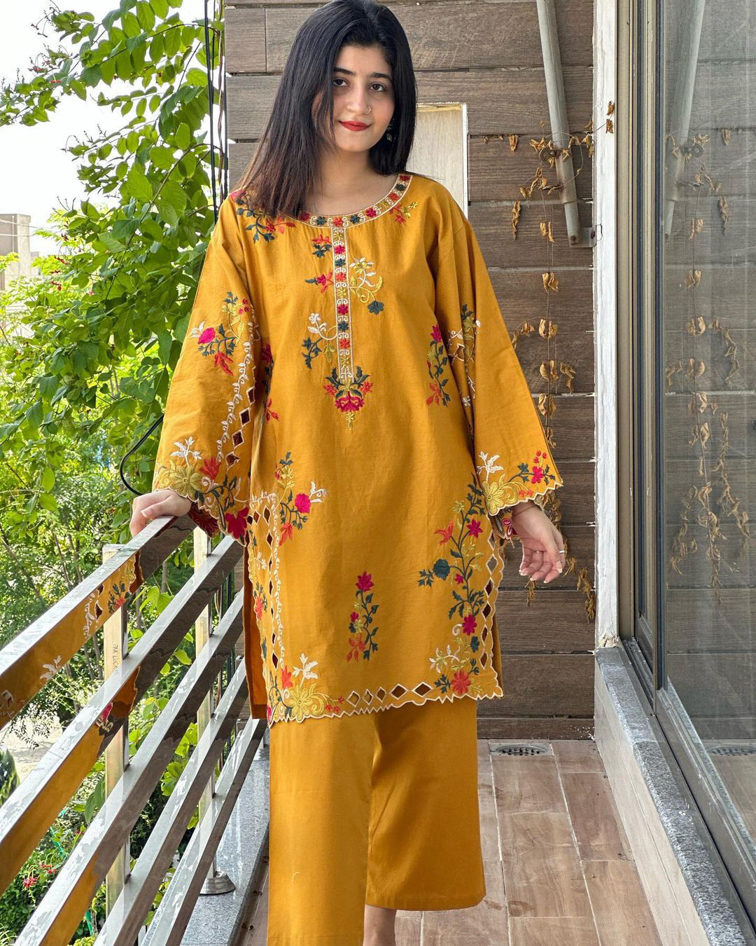 Multi Coloursful Long Sleeves Embroidery Shirt With Trouser 2Pcs