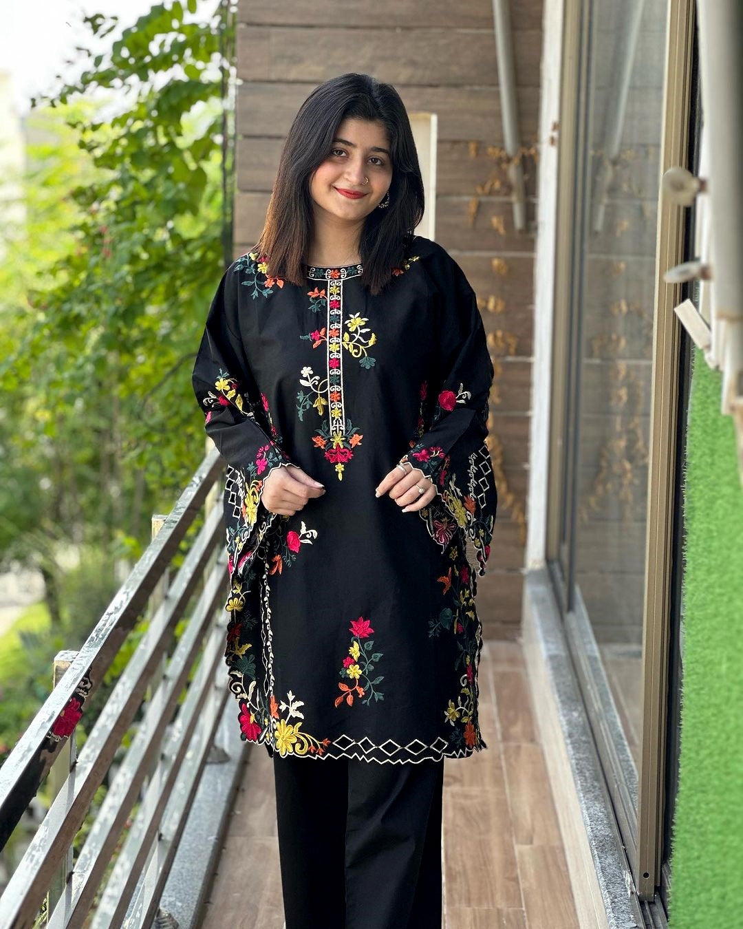 Multi Coloursful Long Sleeves Embroidery Shirt With Trouser 2Pcs