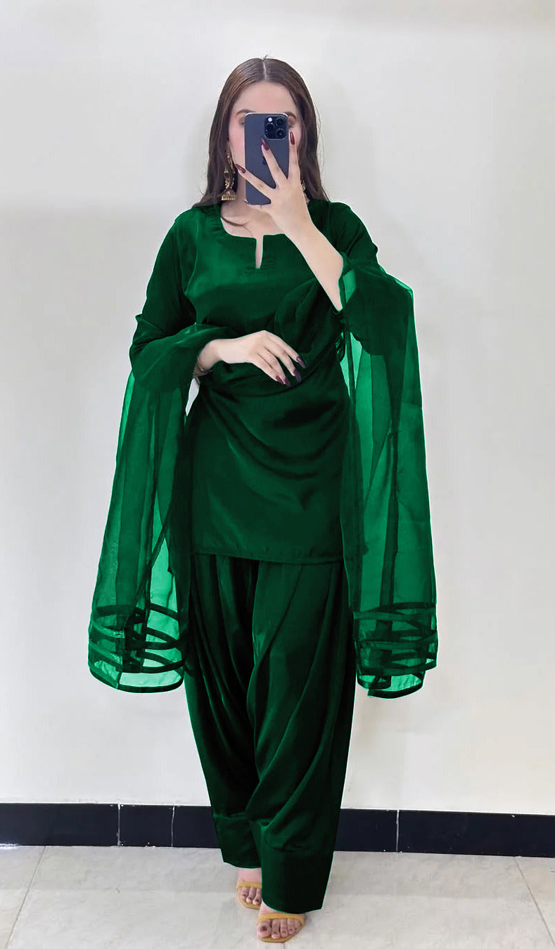 V Neck Plain Shirt With Long Flare 3 Yards Orignal Farshi Shalwar And Dupatta 3Pcs