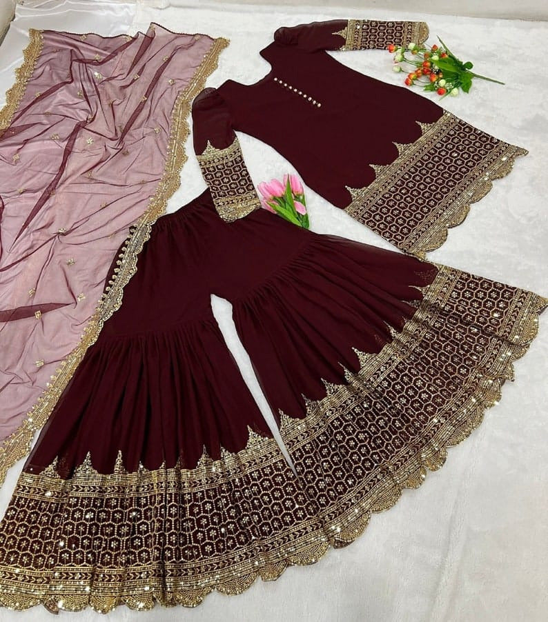 Sequence Embroidery Shirt With Sequence Embroidered Long Flair Garara With Dupatta 3Pcs