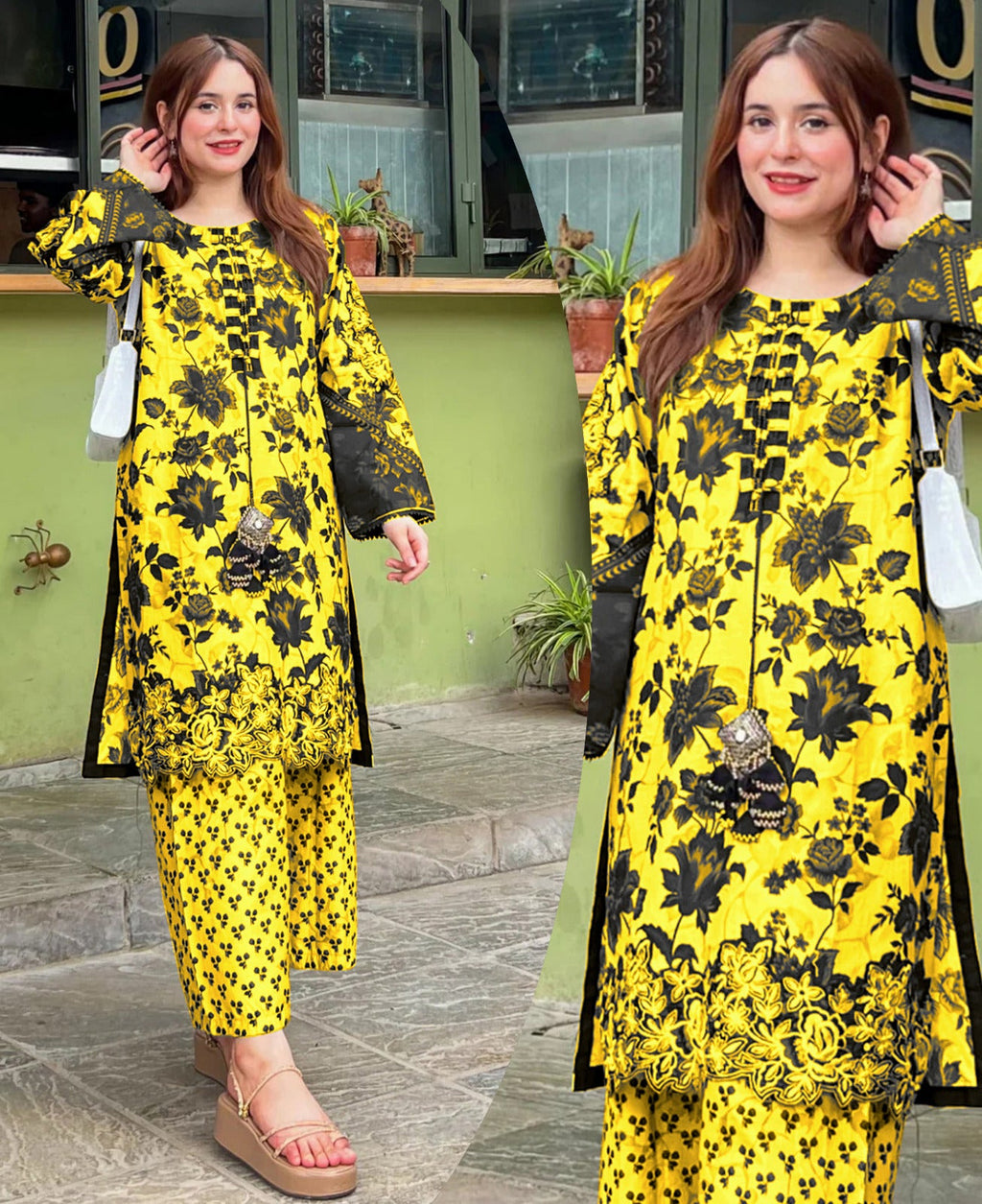 Digital Printed Handwork Shirt With Flapper Cord Set 3Pcs😍