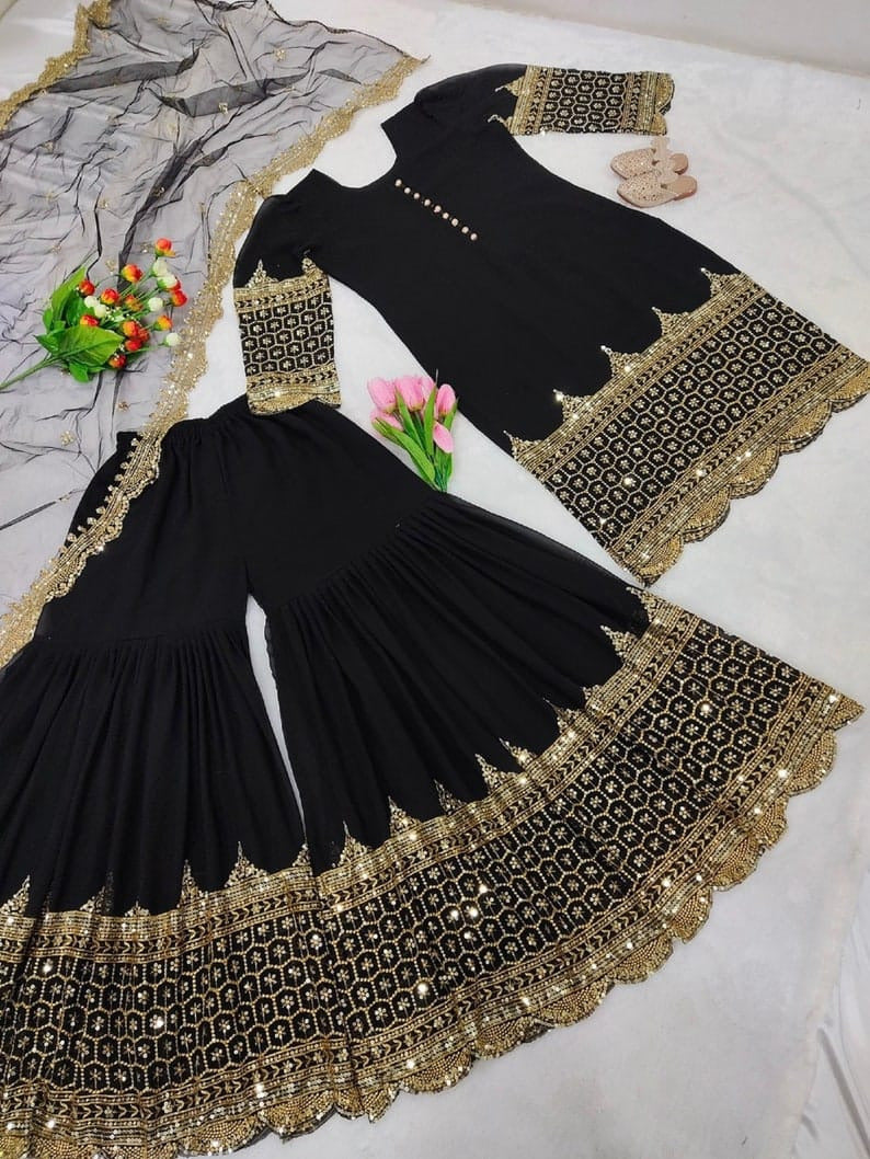 Sequence Embroidery Shirt With Sequence Embroidered Long Flair Garara With Dupatta 3Pcs