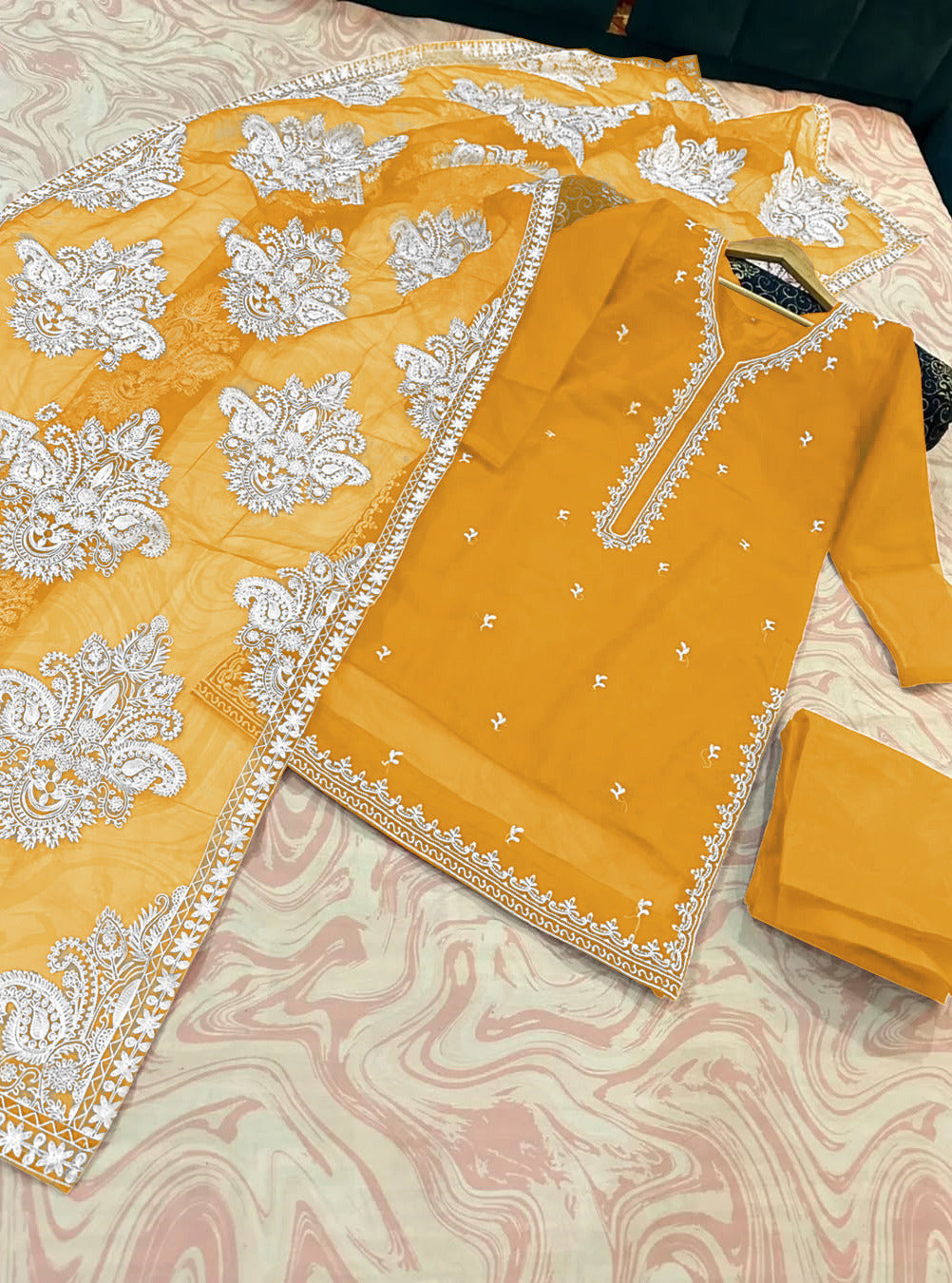 Heavy White Allover Embroidered Dupatta With Emb Shirt And Trouser 3Pcs