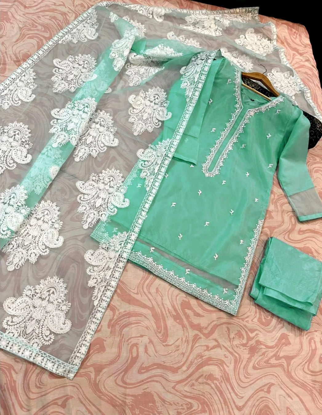 Heavy White Allover Embroidered Dupatta With Emb Shirt And Trouser 3Pcs