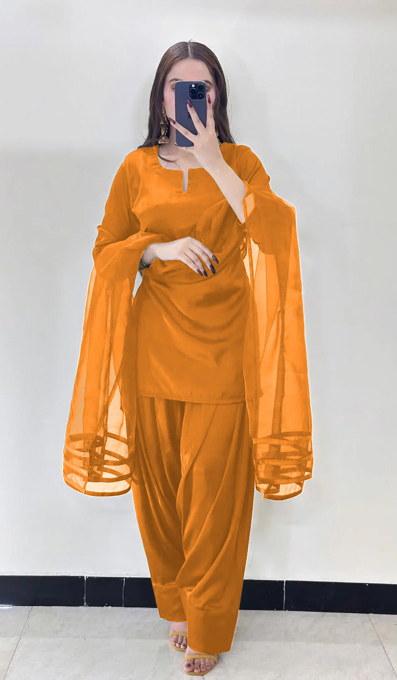 V Neck Plain Shirt With Long Flare 3 Yards Orignal Farshi Shalwar And Dupatta 3Pcs