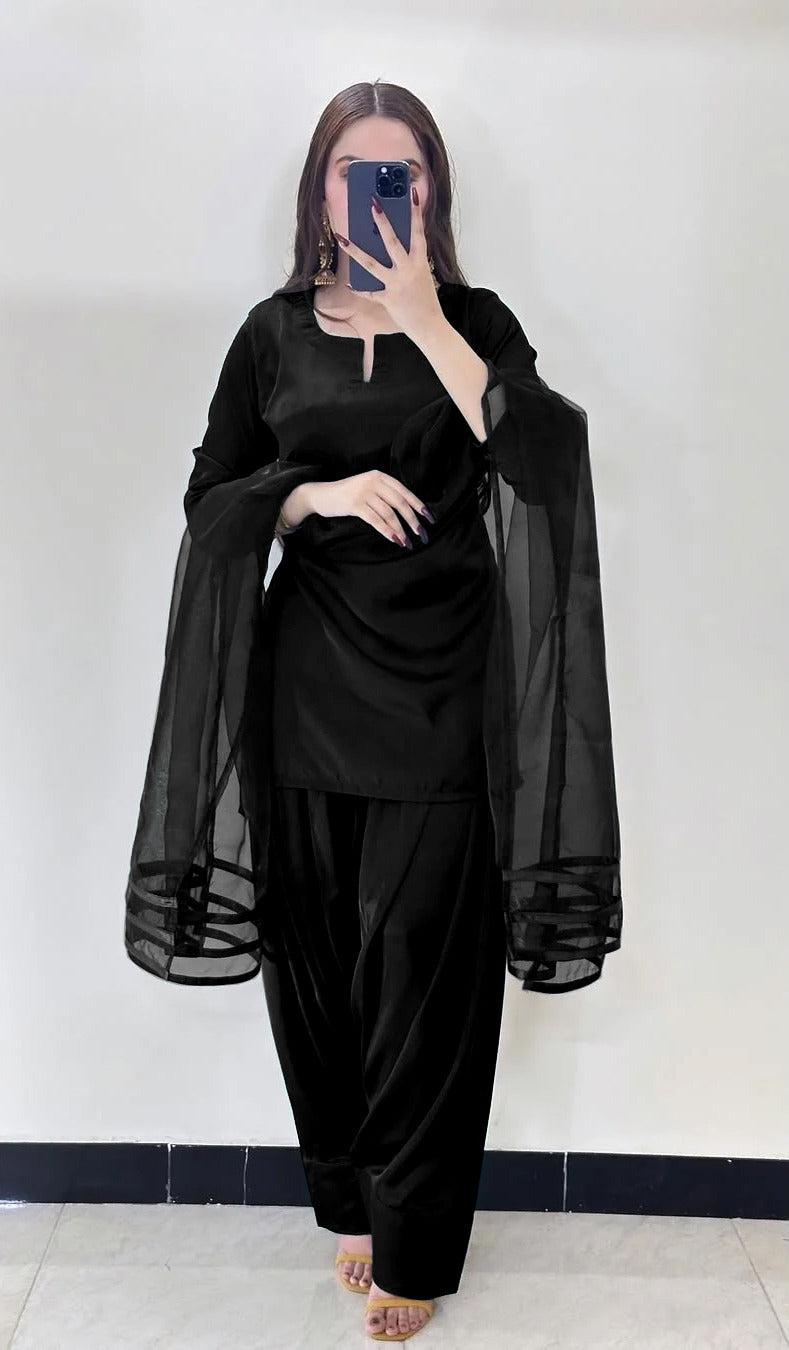 V Neck Plain Shirt With Long Flare 3 Yards Orignal Farshi Shalwar And Dupatta 3Pcs