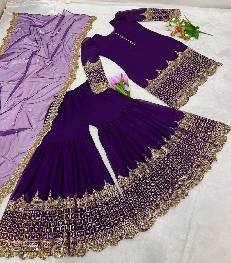 Sequence Embroidery Shirt With Sequence Embroidered Long Flair Garara With Dupatta 3Pcs