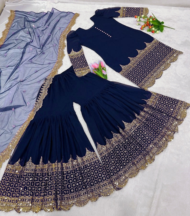Sequence Embroidery Shirt With Sequence Embroidered Long Flair Garara With Dupatta 3Pcs