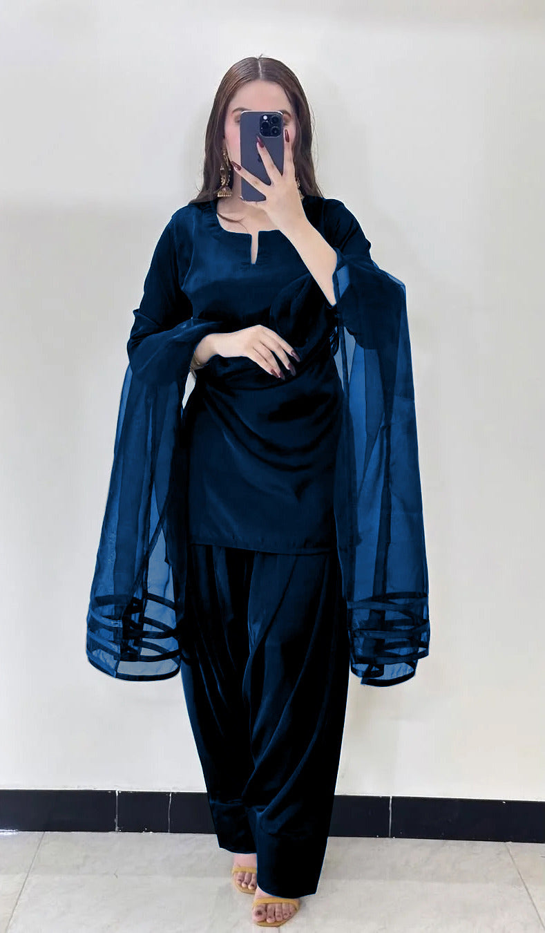 V Neck Plain Shirt With Long Flare 3 Yards Orignal Farshi Shalwar And Dupatta 3Pcs