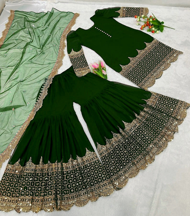 Sequence Embroidery Shirt With Sequence Embroidered Long Flair Garara With Dupatta 3Pcs