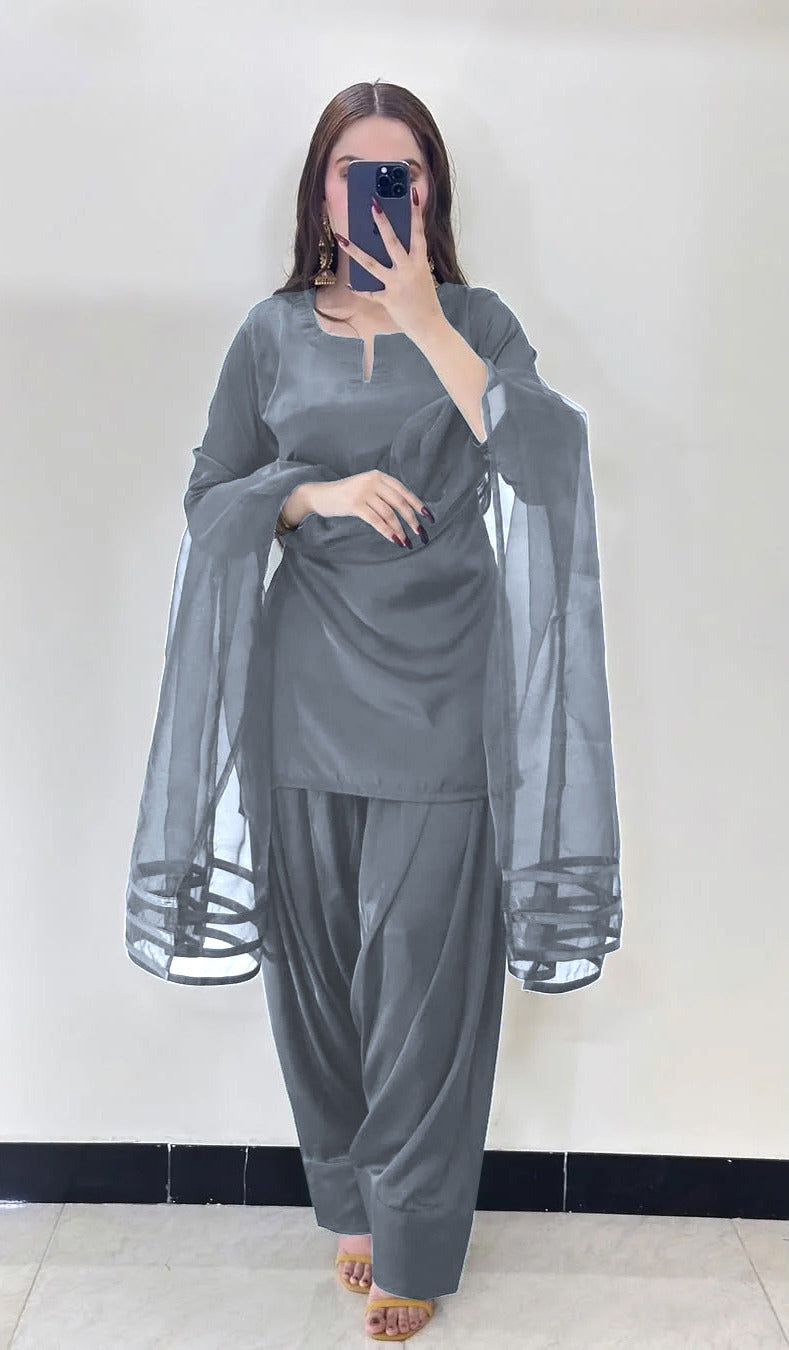 V Neck Plain Shirt With Long Flare 3 Yards Orignal Farshi Shalwar And Dupatta 3Pcs