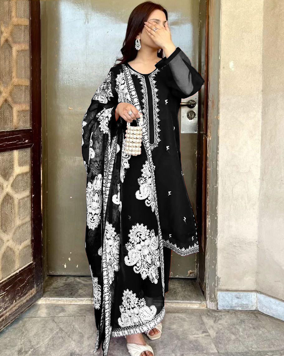 Heavy White Allover Embroidered Dupatta With Emb Shirt And Trouser 3Pcs